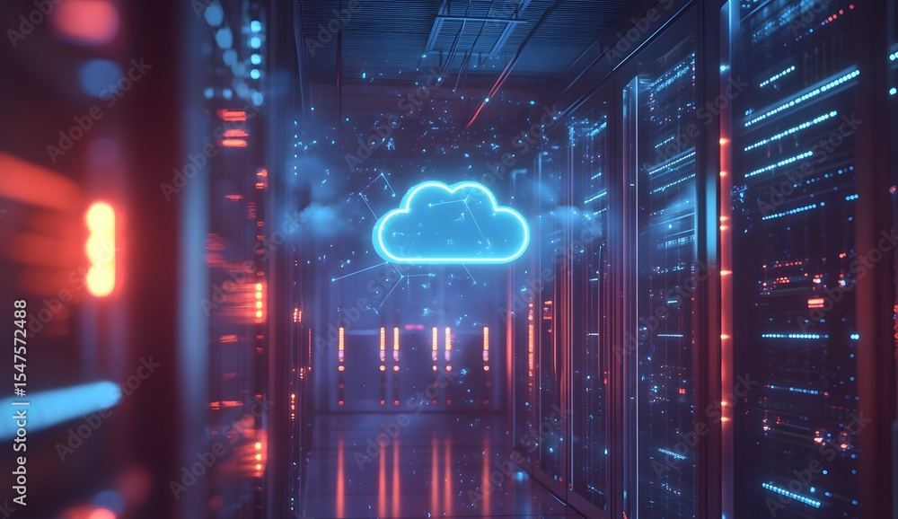Poster 3d rendering of a cloud icon floating above rows of server equipment in a data center with glowing b