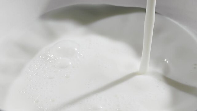 Milk is streaming and splashing leaving beautiful round ripples on the milk surface. Slow motion close up video