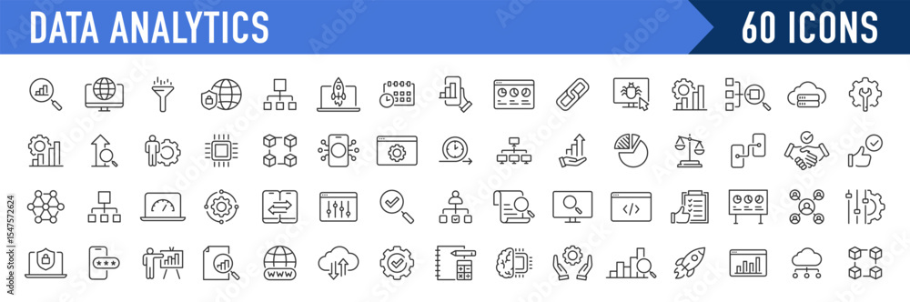 Poster data analytics web icon in line style. graphs, analysis, big data processing, growth, statistics, an