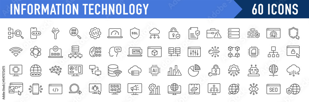 Poster information technology web icon set in line style. network, web design, website, computer, software,