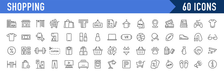 Plakat Shopping web icons in line style. Online shop, digital marketing, delivery, coupon, discount, bank card, gift, shop collection. Vector illustration.
