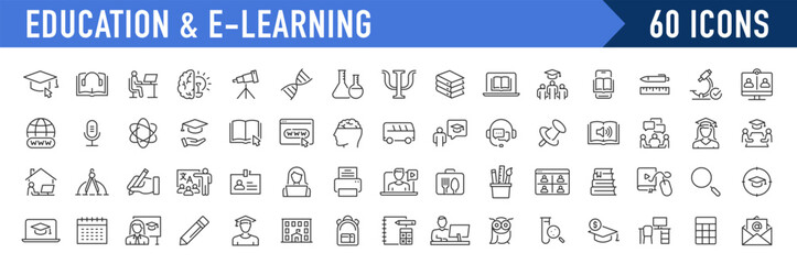 Education and e learning web icons in line style. School, university, success, academic, textbook, Distance learning collection. Vector illustration.