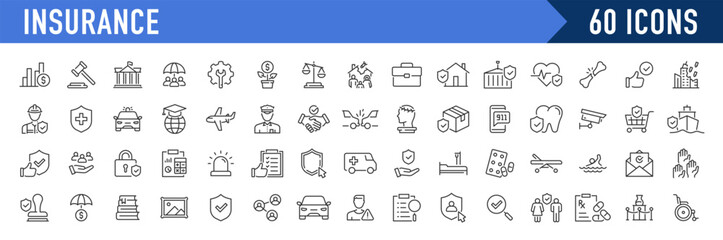 Set of 60 Insurance web icons in line style. Medical, Car, insurance situations, accident, health, flood, life, travel, fly, home. Vector illustration.