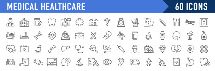 Naklejka na ściany i meble Medical and Healthcare web icons in line style. Medicine, RX, doctor, virus, testing, lab, scientific discovery, infographic collection. Vector illustration.