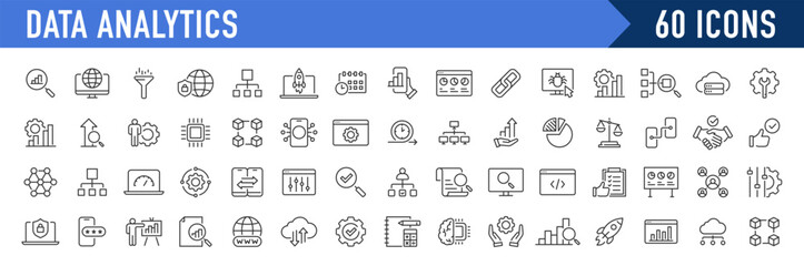 Data Analytics web icon in line style. Graphs, analysis, big data processing, growth, statistics, analytics, chart, research network collection. Vector illustration.Art