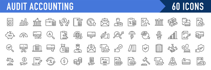 Accounting and audit web icons in line style. Assessment, calculator, check mark, auditing, inspection, investment, calculation, analytics, collection. Vector illustration.n