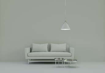 3D Room Interior in plain monochrome pastel grey with furnitures and silver room accessories. Light background with copy space. 3D rendering for web page, product presentation background.