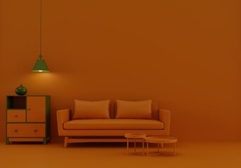 3D Orange Room Interior in plain monochrome orange with furnitures and green room accessories. Colorful background with copy space. 3D rendering for web page, product presentation background.
