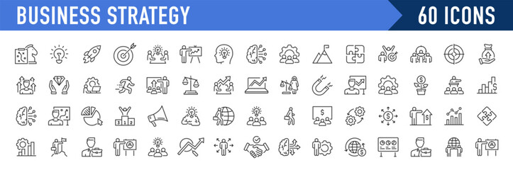 Fototapeta premium Business Strategy web icons in line style. Srtategy, startup, teamwork, people, plan, payment, management, target, employee, infographic. Icon collection. Vector illustration.