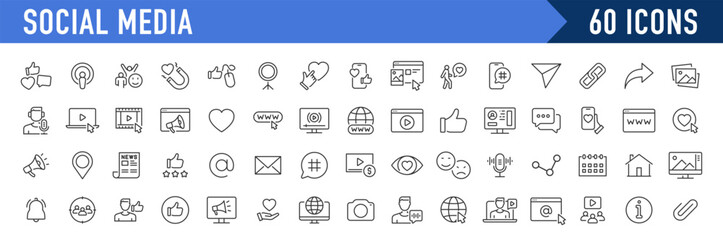 Naklejka na ściany i meble Social media and web icons in line style. Data analytics, blogging, seo, digital marketing, management, message, phone, collection. Vector illustration.