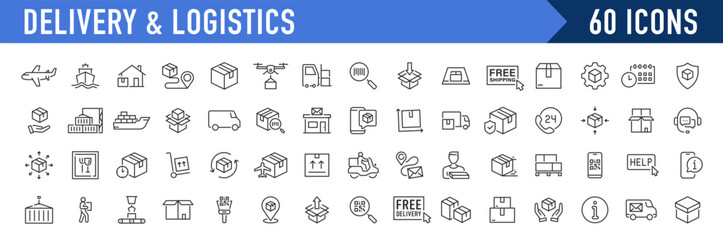 Delivery and logistics web icons in line style. Courier, shipping, express delivery, warehouse, truck, scooter, container, tracking order, support, business collection. Vector illustration.