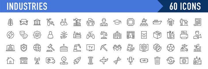Industries icons. Editable Stroke. Technology, finance, healthcare, automotive, energy, retail, construction, hospitality, tourism, education, agriculture. Vector illustration.