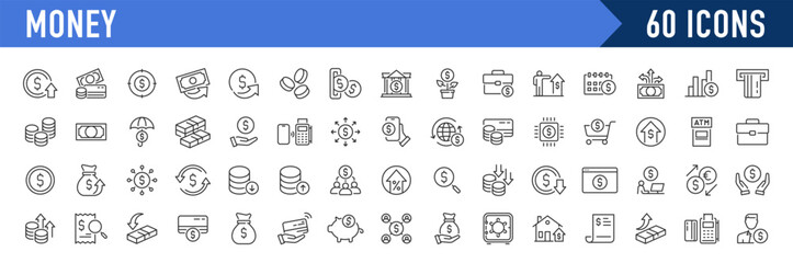 Money web icons in line style. Money, coin, cash, profit, send money, cash back, investment, collection. Vector illustration.