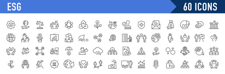 ESG, Environmental Social Governance web icons in line style. Sustainable developmen , sustainability, net zero, climate crisis, recycle, electric car, collection. Vector illustration. © iiierlok_xolms