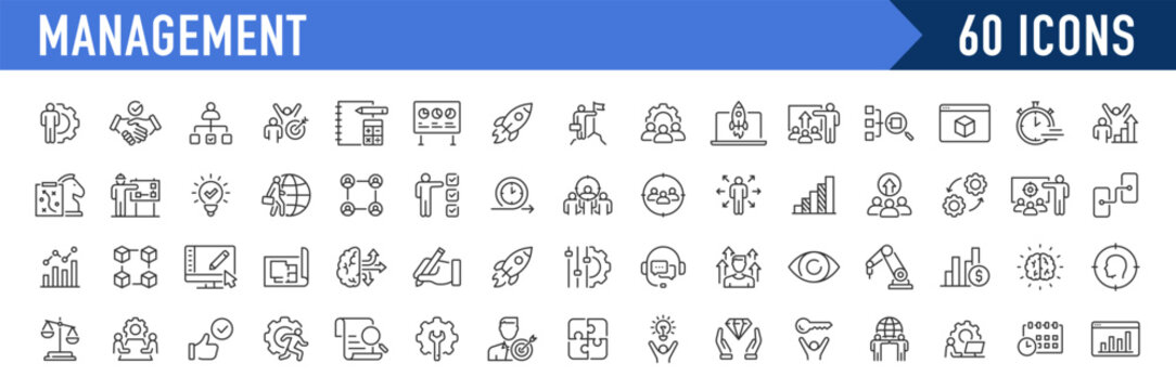 Management web icons in line style. Media, teamwork, business, planning, strategy, marketing collection. Vector illustration.