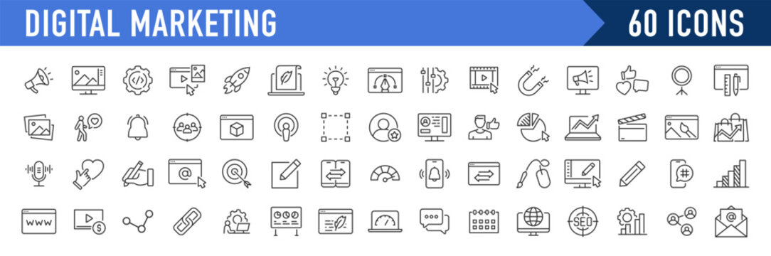 Digital Marketing web icon in line style. Social, networks, feedback, communication, marketing, content, analysis, ecommerce collection. Vector illustration.