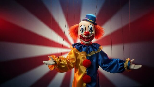 Colorful clown puppet performing with arms outstretched on stage  