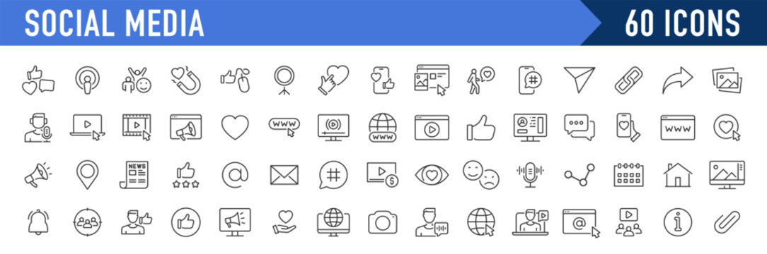 Social media and web icons in line style. Data analytics, blogging, seo, digital marketing, management, message, phone, collection. Vector illustration.