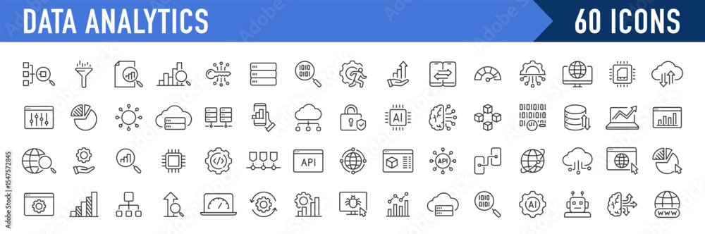 Poster data analytics web icon in line style. graphs, analysis, big data processing, growth, statistics, an