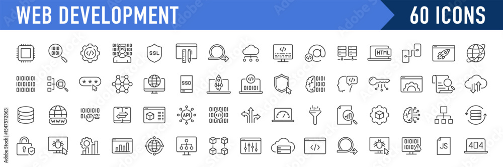 Poster web development web icons in line style. programming, code, mobile app, developer, management, seo, 