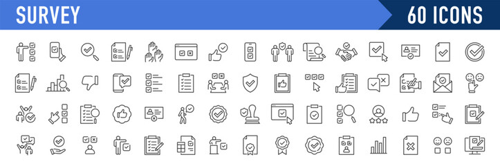 Survey web icons in line style. Opinions, rewiev, feedback, exam, collection. Vector illustration.