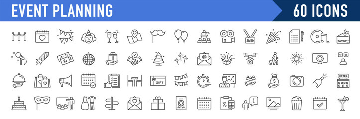 Event planning web icons in line style. Management, catering, registration, wedding, coordination, entertainment, invitations, logistics,  collection. Vector illustration.