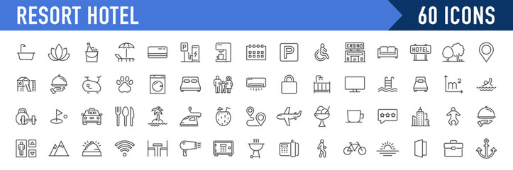 Resort Hotel web icons in line style. Wellness, beach, tourism, hotel, passport, maps, spa, landscape, camera. Icon collection. Vector illustration.