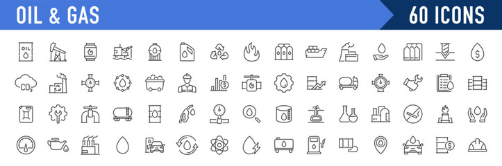 Oil and Gas web icons in line style. Fuel, gas station, refinery, petroleum, oil well, gas pump, energy, barrel, industry, transportation, collection. Vector illustration.