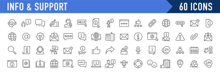 Info and Support web icons in line style. Assistant, Information, support, online help, info center, manual, instruction, rules, instruction, rules, collection. Vector illustration.