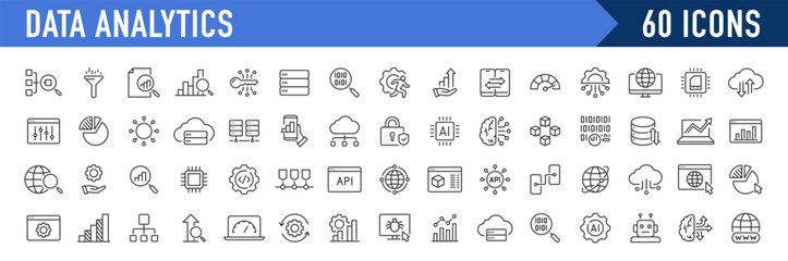 Data Analytics web icon in line style. Graphs, analysis, big data processing, growth, statistics, analytics, chart, research network collection. Vector illustration.