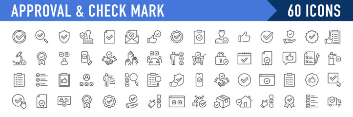 Checkmark and Approved web icon set in line style. Checklist, accepted, stamp, accept, agree, quality control, collection. Vector illustration.