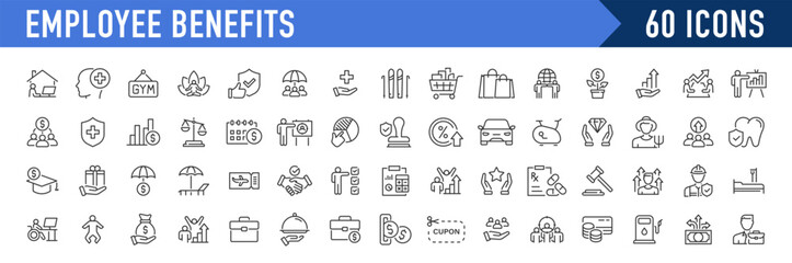 Employee benefits web icons in line style. Health insurance, bonus, social security, maternity rest, paid vacation, collection. Vector illustration.