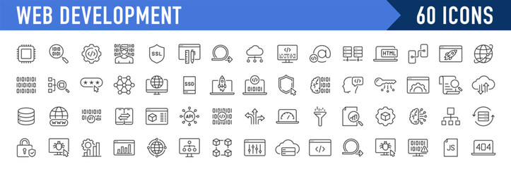 Web Development web icons in line style. Programming, code, mobile app, developer, management, seo, digital, web design, marketing, analytics, collection. Vector illustration.