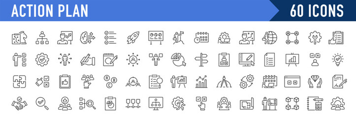 Action plan web icon set in line style. Schedule, plan, implementation, strategy, analysis, collaboration, check, collection. Vector illustration.