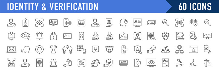 Identity and Verification web icons in line style. Passport, biometric, tools, driving license, face id, code, finger, collection. Vector illustration.