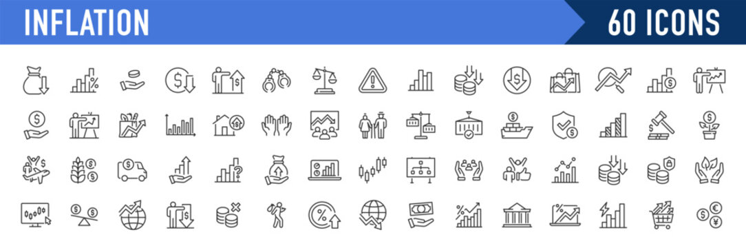 Inflation web icons in line style. Crisis, economic, unemployment, hyperinflation, inflation rate, scarcity, price increase, money, investment, depreciation, energy, transportation, collection. Vector