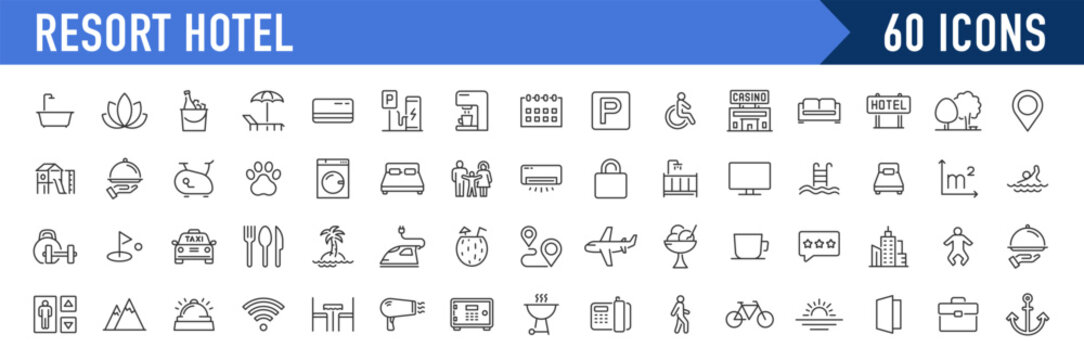 Resort Hotel web icons in line style. Wellness, beach, tourism, hotel, passport, maps, spa, landscape, camera. Icon collection. Vector illustration.