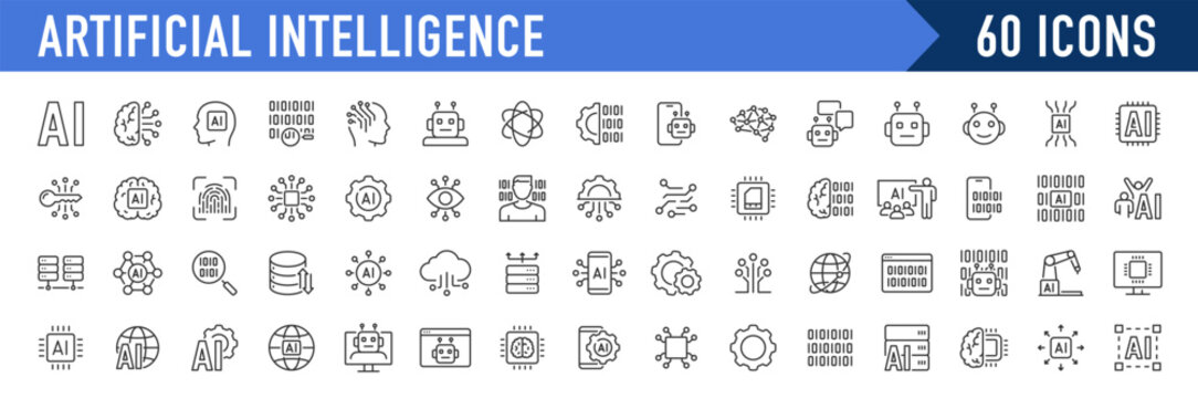 Artificial Intelligence web icons in line style. Innovation technology, machine, robot, bot, brain, collection. Vector illustration.