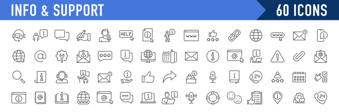Info and Support web icons in line style. Assistant, Information, support, online help, info center, manual, instruction, rules, instruction, rules, collection. Vector illustration.