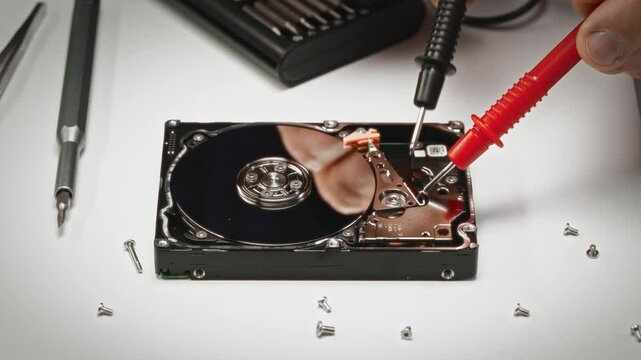 Close-up of disassembled hard drive as technician tests electronics with multimeter probes. Professional data recovery or component diagnostics in progress.