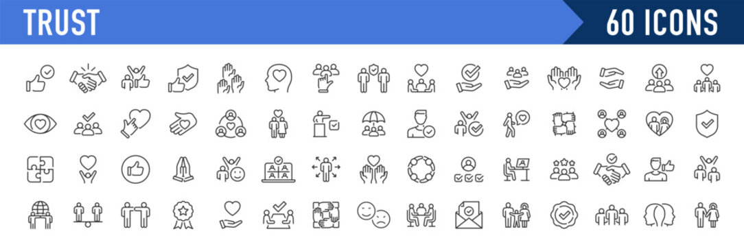 Trust web icons in line style. Integrity, confidence, reliability, credibility, empathy, friends collection. Vector illustration.