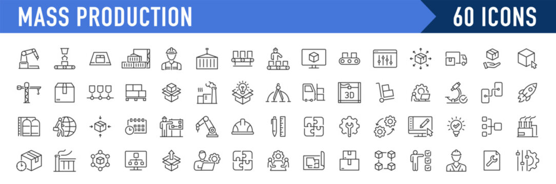 Mass Production web icons in line style. Robot, productive, workflow, industrial, automation, collection. Vector illustration.