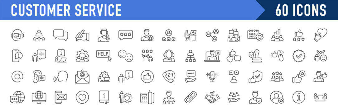 Customer service web icon set in line style. Support, help, online, feedback, assistance, collection. Vector illustration.