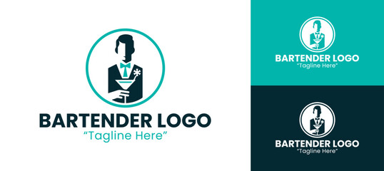 Professional and Modern Bartender Logo with Cocktail Glass Design in Teal and Dark Blue