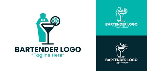 Stylish Bartender Logo with Shaker and Glass for Business Branding in Teal and Dark Blue