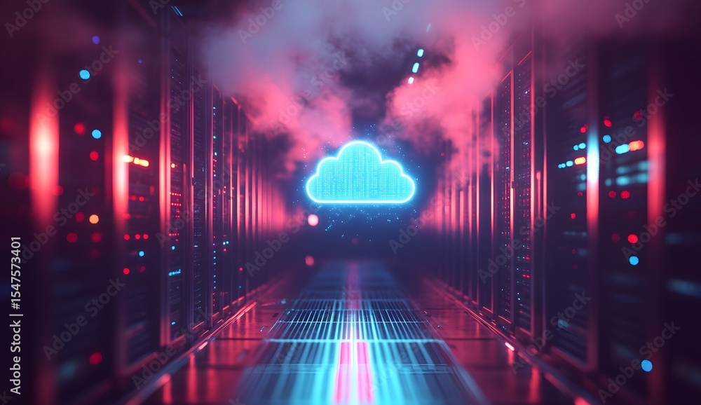 Poster 3d rendering of a cloud icon floating above rows of server equipment in a data center with glowing b