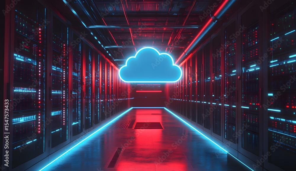 Poster 3d rendering of a cloud icon floating above rows of server equipment in a data center with glowing b
