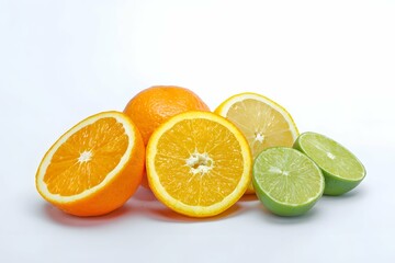 Vibrant citrus trio featuring juicy, zesty orange, lemon, and lime slices on stark white backdrop.