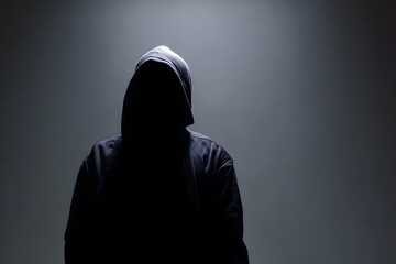 Shadowy, enigmatic figure in a stark hoodie exudes quiet mystery in dimly lit artistic studio.