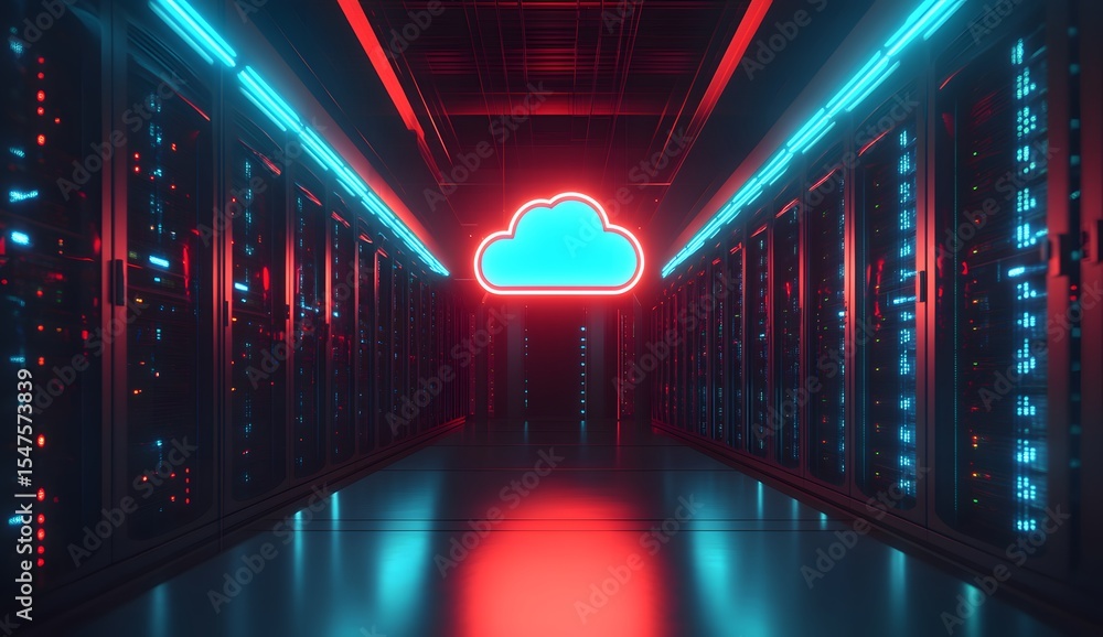 Poster 3d rendering of a cloud icon floating above rows of server equipment in a data center with glowing b
